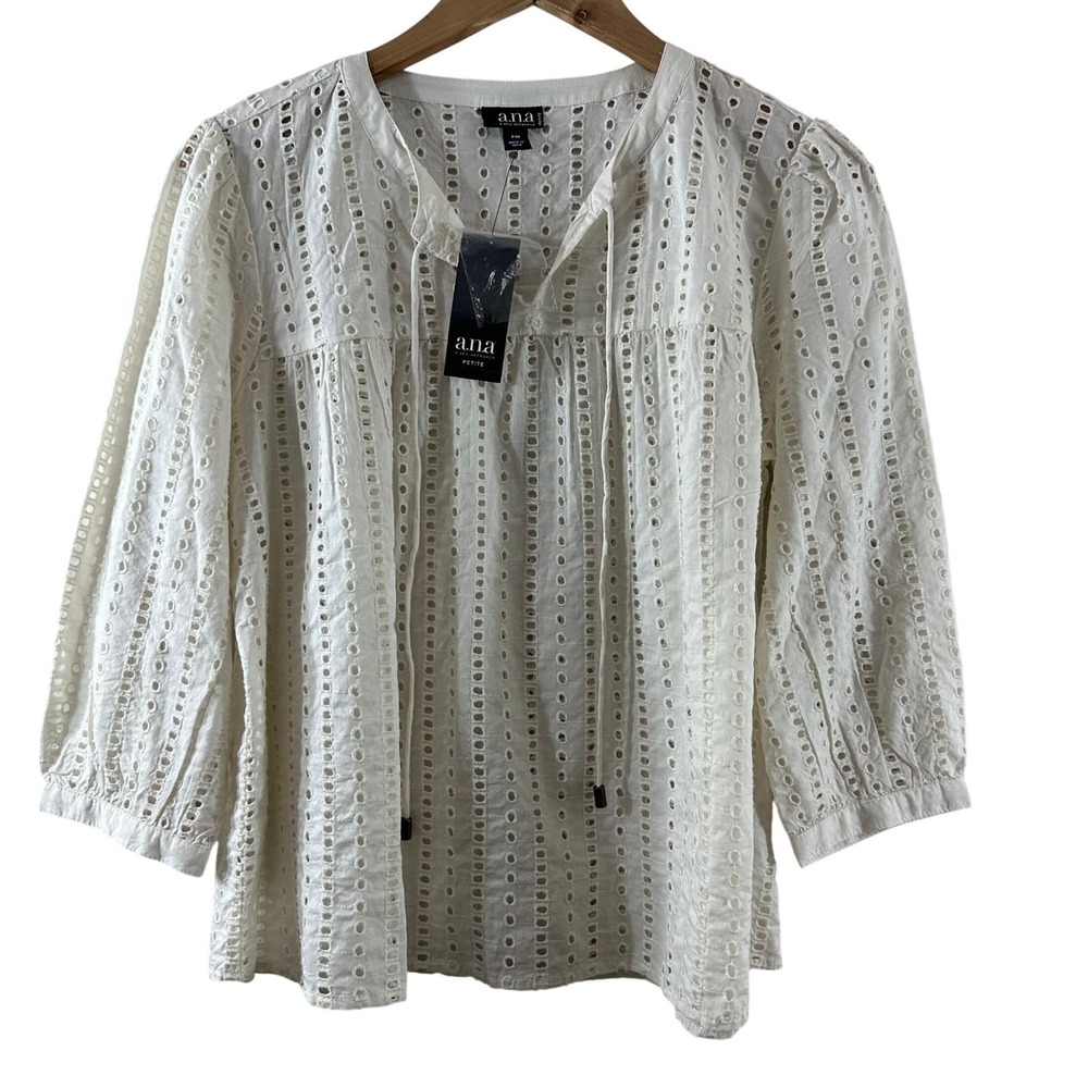 ana A New Approach Ivory Eyelet Peasant Blouse Petite 3/4 Sleeves Cotton Size PM